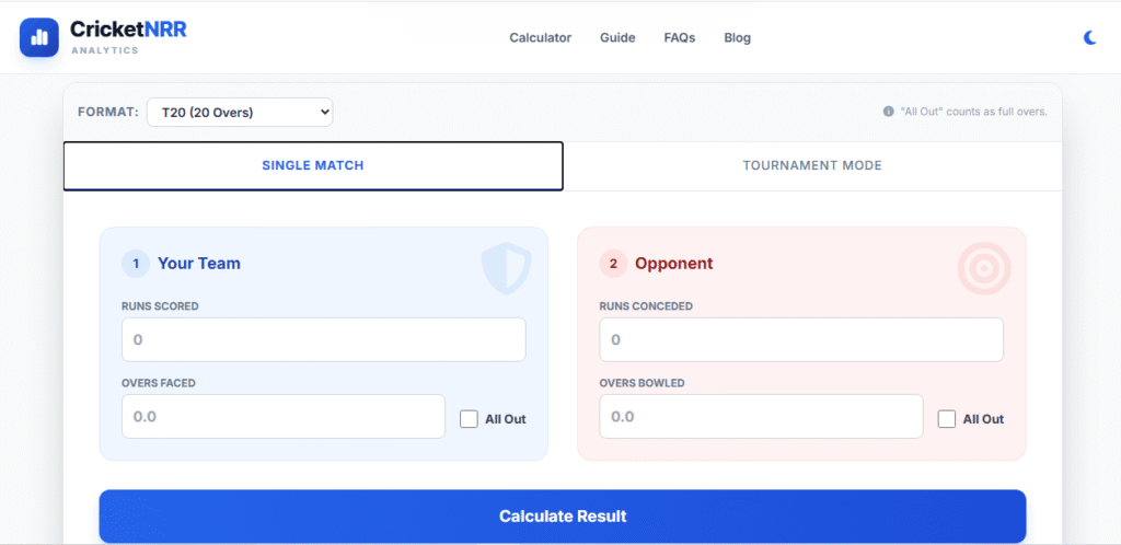 Single Match NRR Calculator